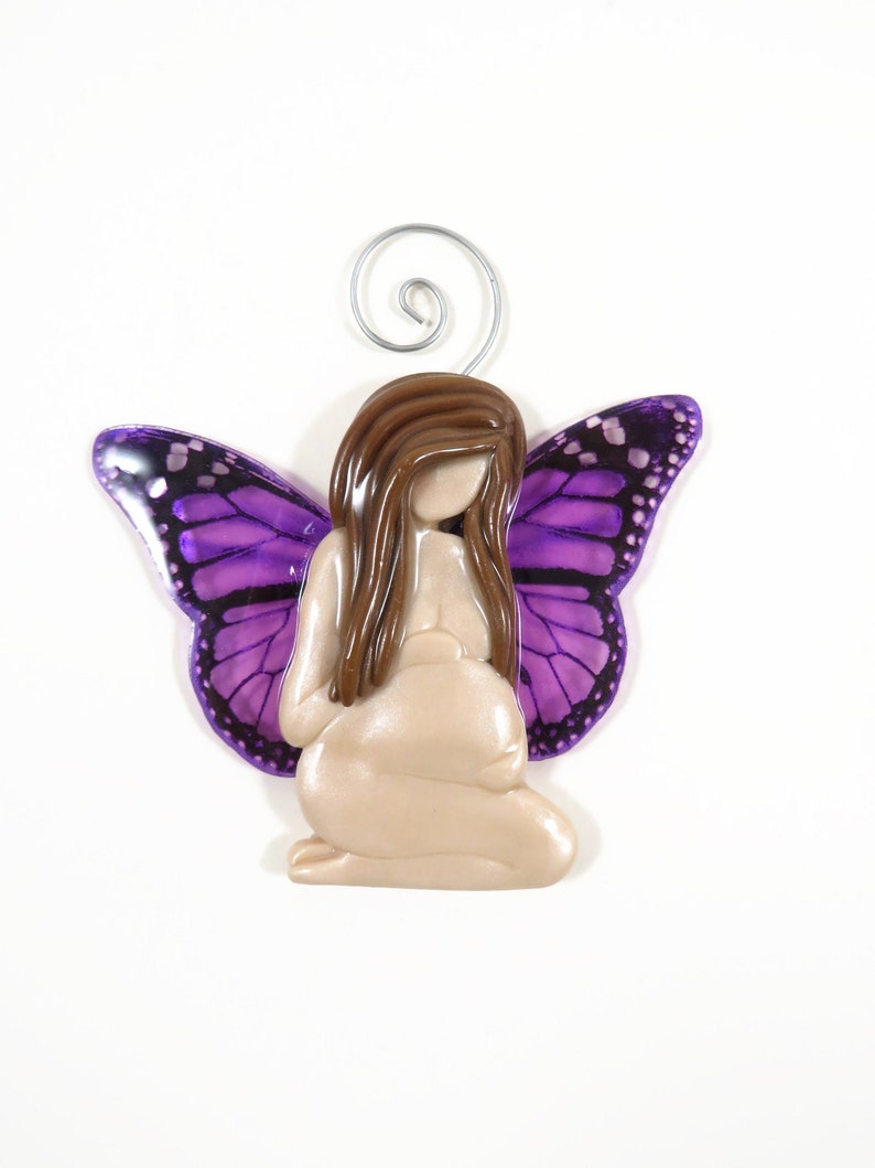 2d Pregnant Mother Sculpted Ornament with Purple Monarch Butterfly Wings ready to ship image 1