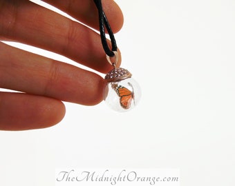 Monarch Butterfly Necklace in Tiny Glass Bauble with rose gold cap - perfect Mother's Day gift for her