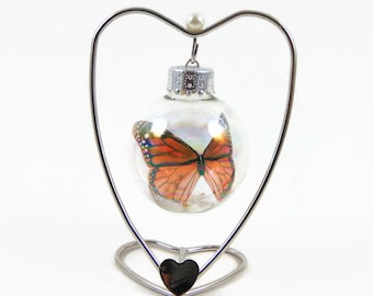Mini Monarch Butterfly Bauble with heart shaped ornament display hanger - ready to ship