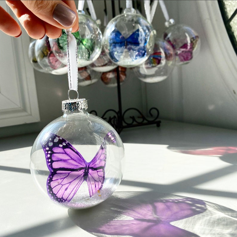 Monarch Butterfly Christmas Keepsake Ornament in glass bauble by The Midnight Orange you choose color beautiful memorial gift Purple