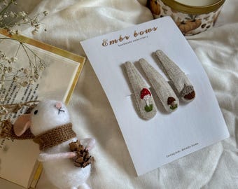 Embroidered Linen Hair Clips for Girls | Handmade Mushroom, Acorn & Floral Barrettes | Woodland Hair Accessories | Gift for Girl