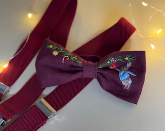 Christmas Bunny Embroidered Bow Tie with Suspenders: Maroon Linen, Kids Holiday Outfit