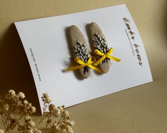 Willow Branch Embroidered Hair Clips – Handmade Nature Inspired Snap Clips with Yellow Ribbon