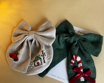 Hand Embroidered Linen Christmas Hair Bow | Holiday Hair Clip for Girls | Candy Cane & Tree Design | Festive Gift
