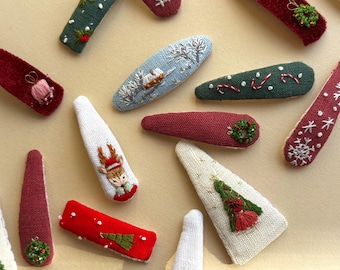 Embroidered Christmas Hair Clip: Linen Velvet Snap Clip