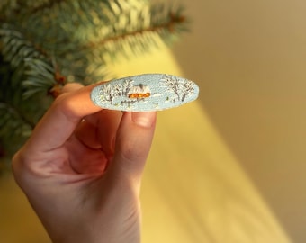 Blue Linen Hair Clip - Hand Embroidered Snowy Cottage | Christmas Hair Accessory for Girls