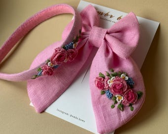 Pink Linen Bow and Embroidered Headband, Hand Embroidered Hair Accessories for Girls, Floral Bow, Rose Hair Bow, Handmade Gift