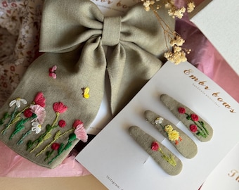 Hand Embroidered Hair Accessories Gift Set | Linen Hair Bow and Floral Hair Clips | Handmade Baby Girl Gift | Toddler Hair Accessories