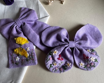 Lavender Linen Hair Bows with Hand Embroidery | Floral Embroidered Hair Accessories | Handmade Gift for Girls and Women