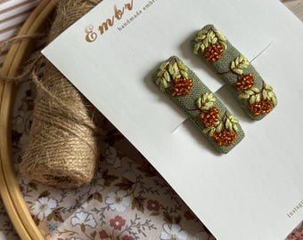 Hand Embroidered Rowan Berry Hair Clips, Beaded Autumn Hair Accessories, Set of 2, Ukrainian Handmade Hair Clips