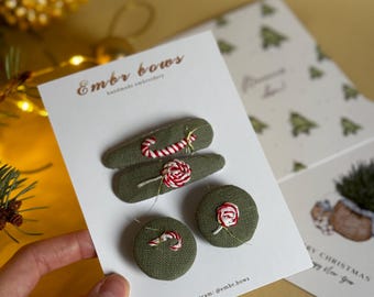 Handmade Christmas Hair Clip & Tie Set: Candy Cane Embroidery