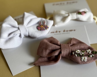 Hand Embroidered Linen Baby Bow: Floral Hair Clip or Headband