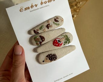 Embroidered Linen Autumn Hair Clip: Hedgehog & Mushroom Barrette