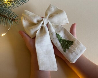Handmade Linen Hair Bow with Embroidered Christmas Tree