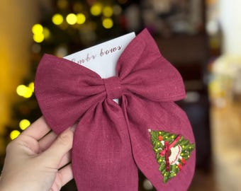 Embroidered Christmas Bow Hair Clip, Burgundy Linen Bow, Handmade Holiday Hair Accessory, Christmas Tree Hair Bow, Girls Gift