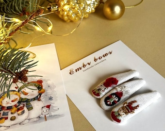 White Linen Hair Clips – Embroidered Winter Animals Set | Handmade Christmas Hair Accessories for Girls
