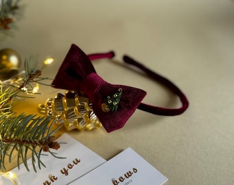 Embroidered Velvet Hair Bow Headband – Burgundy Christmas Gift for Girls & Women – Optional Gift Box
