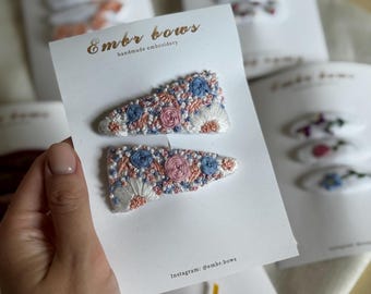Hand Embroidered Hair Clips – Pastel Floral Snap Clips