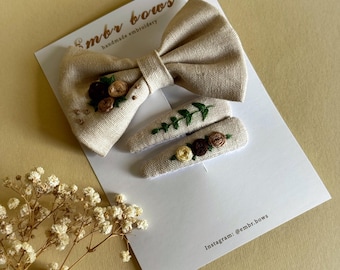 Handmade Embroidered Floral Hair Clips - Linen Snap Barrettes
