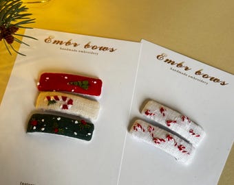 Hand Embroidered Christmas Hair Clips | Reindeer, Tree & Candy Cane Barrettes | Holiday Hair Accessories | Gift for Girls
