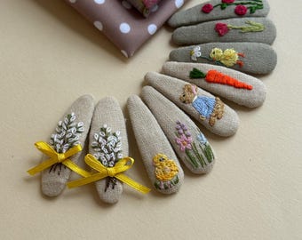 Handmade embroidered hair clip | Linen barrette | Bunny, bee, carrot, floral design | Gift for girls