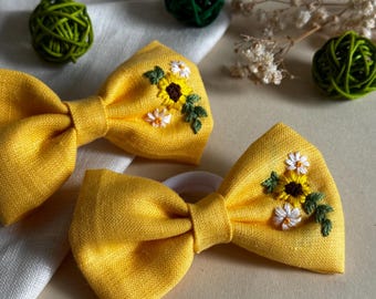 Yellow Bow Hair Tie with Hand Embroidered Sunflower | Handmade Hair Accessory