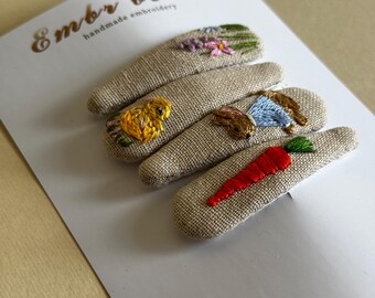 Handmade embroidered hair clip | Linen barrette | Bunny, bee, carrot, floral design | Gift for girls