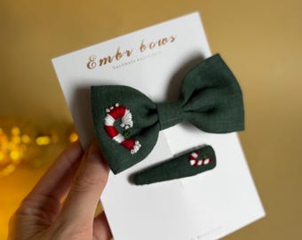 Handmade Christmas Hair Bow Set: Green Candy Embroidery, Mommy & Me