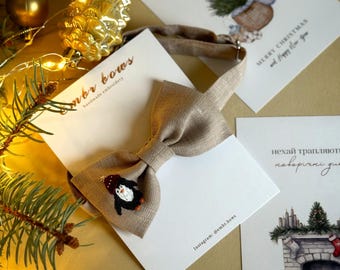 Linen Bow Tie for Boys: Embroidered Penguin Christmas Outfit