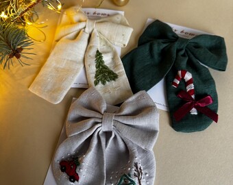 Hand Embroidered Linen Hair Bow | Christmas Hair Accessories | Holiday Gift for Girls | Festive Handmade Bow | Candy Cane Bow | Tree Bow