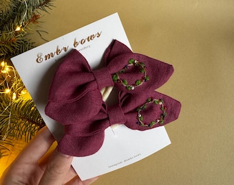Handmade Linen Hair Bows: Embroidered Christmas Wreaths