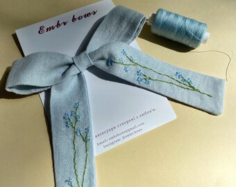 Linen embroidered hair bow, Hair bow for girls, Handmade Gift for girls, baby headband