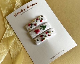 Embroidered Tulip Hair Clips Set – Handmade Floral Snap Clips for Girls and Women