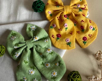 Yellow or Green Linen Bow with Hand Embroidery – Floral Hair Accessory