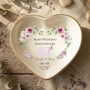 Personalized 40th Ruby Wedding Anniversary Gift Ring Dish, Custom Name Date Floral Trinket Dish, Mothers Day Keepsake Gift for Grandma Mom