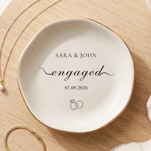 Personalized Engagement Ring Dish, Custom Name & Date Ceramic Jewelry Holder, Bridal Shower Gift for Bride,Anniversary Keepsake Trinket Tray