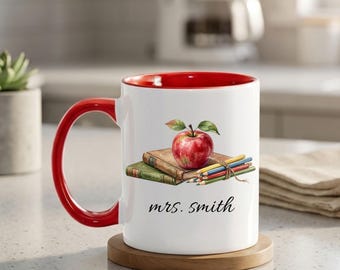 Personalized Teacher Apple Accent Mug, Custom Name Teacher Mug, Teacher Appreciation Gift Coffee Cup, Back To School Gift,Teacher Home Decor
