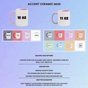 May include: Accent ceramic mugs in 15 oz and 11 oz sizes. The 15 oz mug has a pink handle and interior, while the 11 oz mug also features a pink handle and interior. Color swatches show black, red, pink, white, green, blue, yellow, and orange options.