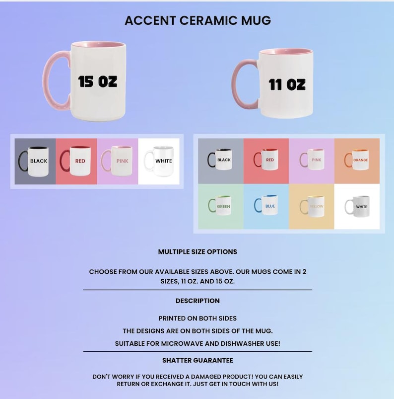 May include: Accent ceramic mugs in 15 oz and 11 oz sizes. The 15 oz mug has a pink handle and interior, while the 11 oz mug also features a pink handle and interior. Color swatches show black, red, pink, white, green, blue, yellow, and orange options.