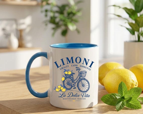 Amalfi Coast Accent Mug, Blue White Mediterranean Mug, Italian Lemon Coffee Cup, Aesthetic Summer Mug, Italy Home Decor, La Dolce Vita Mug