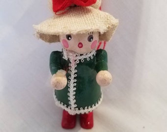 Vintage Green Wooden Enamel Painted Girl In a Bonnet  Christmas Ornament