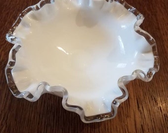 Vintage White Fenton Ruffled Pedestal Glass Dish