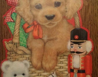 Vintage 1983 Sweet Hallmark Christmas Paper Decoration with a puppy, rocking horse, nut cracker soldier & teddy bear