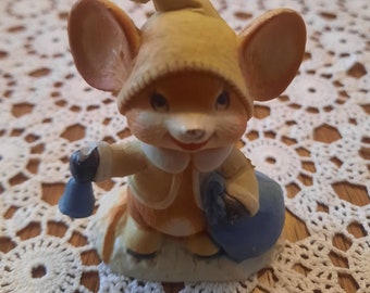 Vintage Hard Plastic Mouse In Cap with Bell and present sack Christmas Ornament