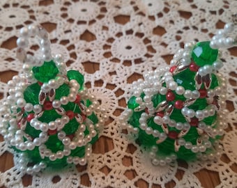 Cute Little Vintage 2 inch red, green and white Beaded Christmas Tree Ornaments