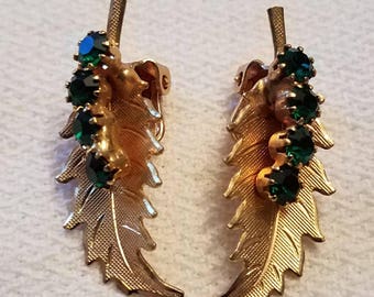 Vintage Green Rhinestone Clip On Fall or Christmas Earrings