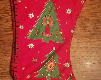 Vintage Beaded Merry Christmas Stocking with Christmas Trees