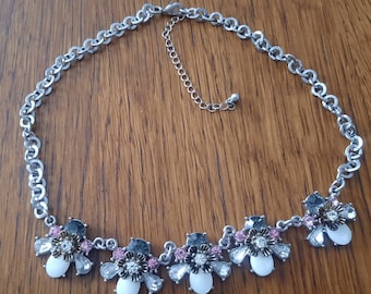 White, Pink and Smokey Gray Bee and Flower Rhinestone Necklace