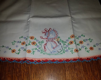 Vintage Embroidered Pillow Case Woman in a Bonnet Crocheted trim