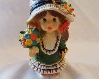 Vintage Hard Plastic Girl In a Bonnet with Flower Bouquet Christmas Ornament